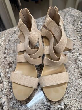 BCBGeneration Woven Strappy Heels in Beige